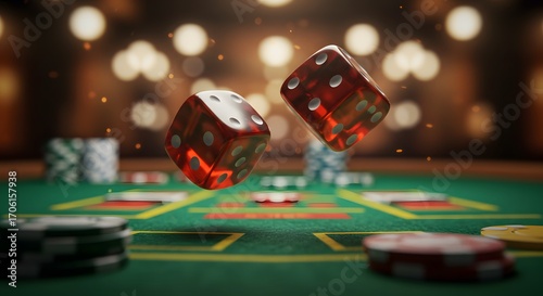 A pair of dice rolling on a casino table with gambling chips. A moment of chance, suspense, and anticipation is frozen in time.