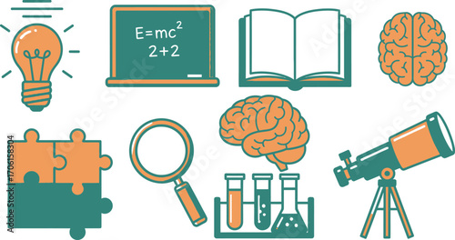 Science Education Light Bulb, Board, Book, Brain, Puzzle, Magnifier, Tubes, Telescope