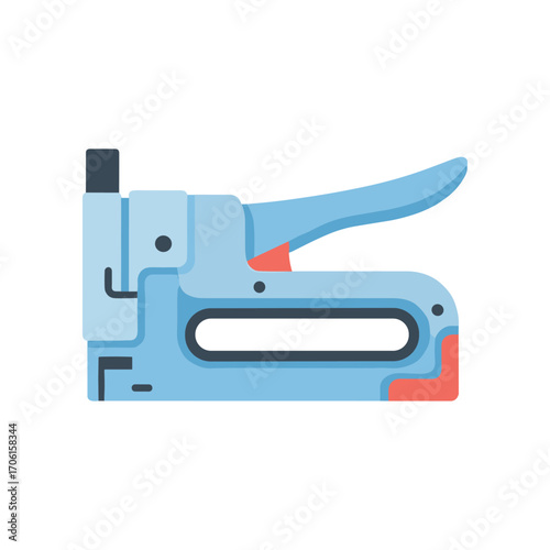 A blue stapler positioned on a white background, showcasing its design for office supplies