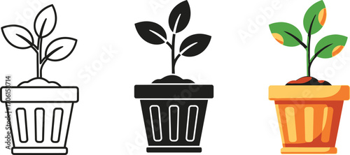 Seedling in Pot Plant Growing Set Outline Silhouette and Colored