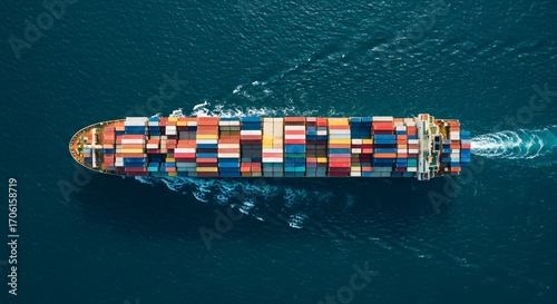 An aerial view of a container ship sailing across the open ocean, transporting goods and products globally