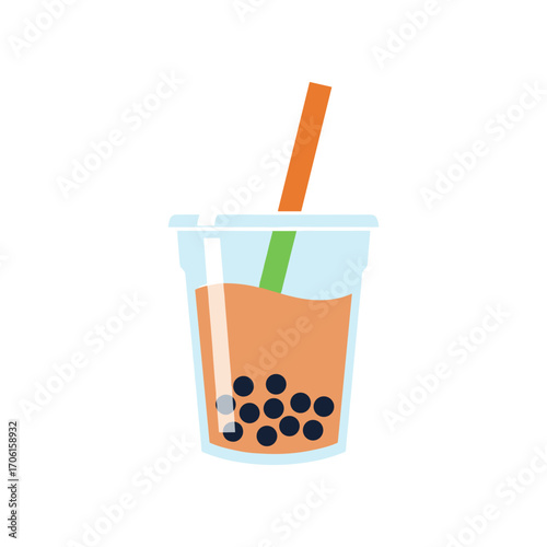 A colorful bubble tea cup with a straw and tapioca pearls, set against a plain background