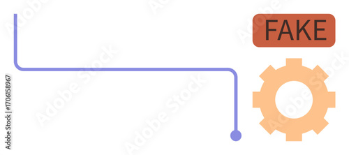 Purple line connects to orange gear and red FAKE sign, suggesting misdirection or artificial concept. Ideal for technology, fraud, misinformation, automation, manipulation, digital ethics, simple