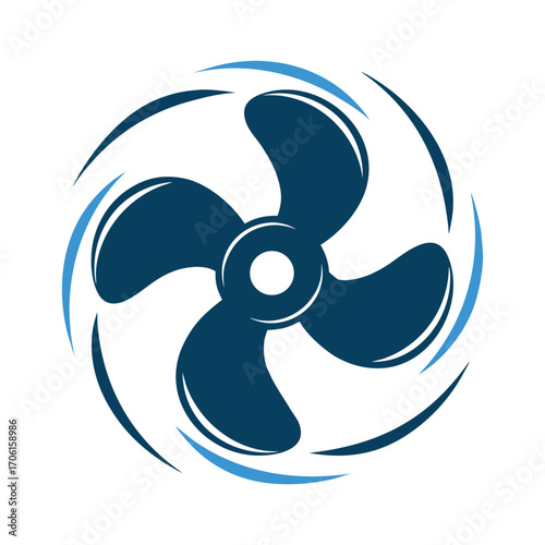 Dark blue fan blades with light blue swirling motion lines propeller wind