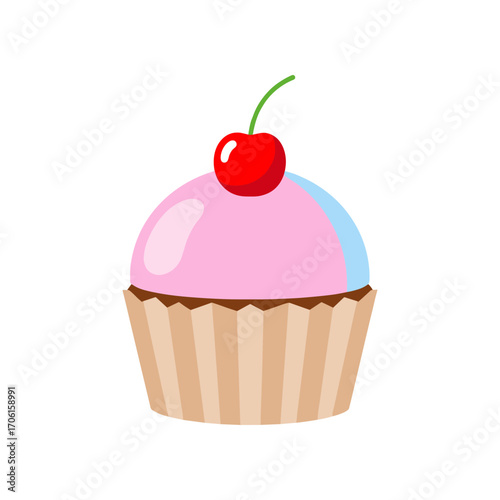 A colorful cupcake with pink and blue frosting topped with a cherry, set against a white background