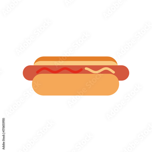 A colorful hot dog with ketchup and mustard on a bun, set against a plain background