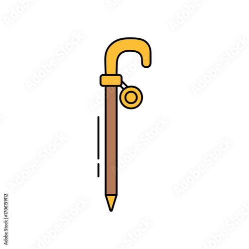 A colorful illustration of a cane with a curved handle and a small circular ornament, symbolizing support