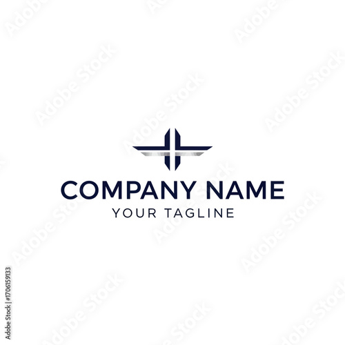 Modern abstract logo design featuring a stylized dark blue cross or 'H' shape with wings, accompanied by placeholder text 'COMPANY NAME' and 'YOUR TAGLINE' o...