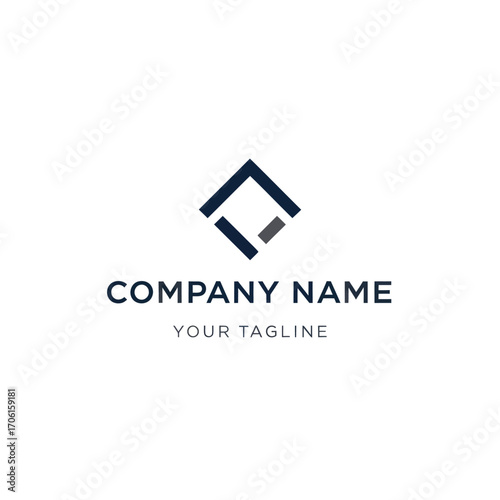 Modern logo design featuring a geometric shape and company branding elements, simple and clean.
