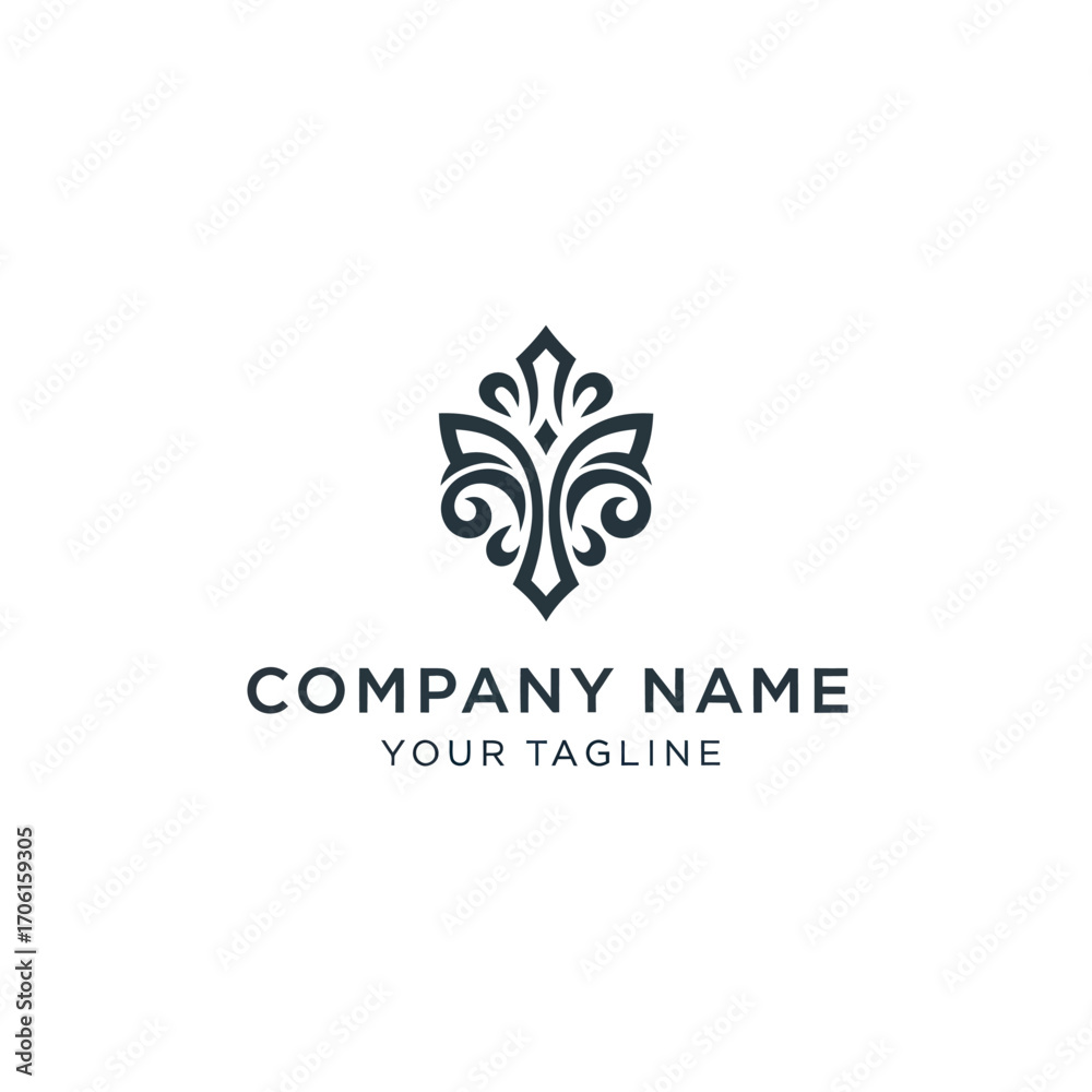 Obraz premium Elegant symmetrical floral logo design with stylized flourishes and text elements on white background.