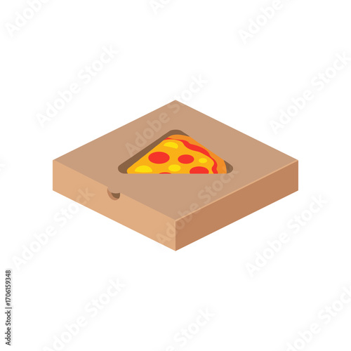 A delicious slice of pepperoni pizza displayed in an open cardboard pizza box, emphasizing the appetizing look