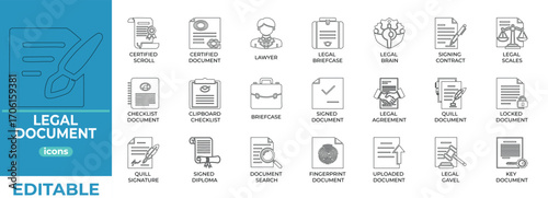 Clean editable legal document vector icons in line art, ideal for law, contracts, compliance, app, and print design
