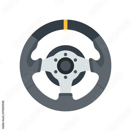A detailed view of a modern car steering wheel with a sleek design and yellow accent