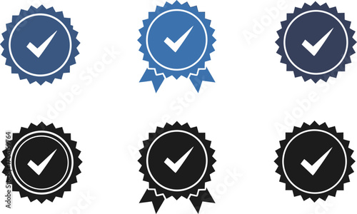 Set of Approval Rosette Icons in Blue and Black on a Transparent Background
