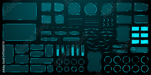 Collection of futuristic holographic user interface elements. Hud vector graphics set for game design, virtual reality, and augmented reality projects.