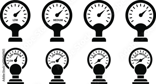 Set of Black Gauges with Needle Indicating Low, Medium and High on White