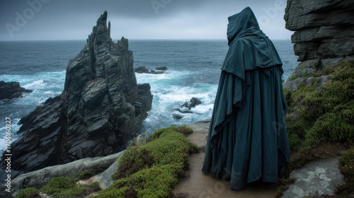 Hooded figure cloak coastal cliff stormy sea rocky shore dramatic sky medieval style lone traveler ocean waves rugged landscape moody scene. Hooded figure cloak near coastal cliff by stormy sea