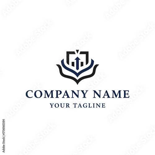 A professional logo design featuring a shield, an upward arrow graph, and an architectural motif for a corporate brand identity.