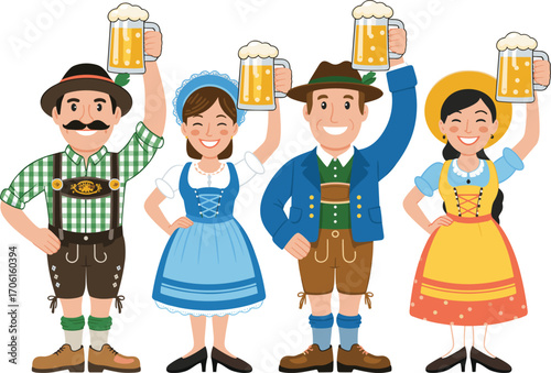 Group of cheerful cartoon people in traditional Bavarian attire raising beer mugs, Oktoberfest celebration, festive mood, traditional 
