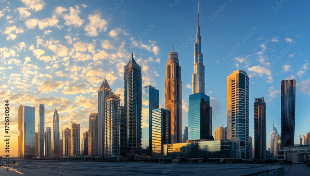 Fototapeta premium Sunlit skyscrapers rise above dense downtown, blue hour sky and glass shine, perfect city background.