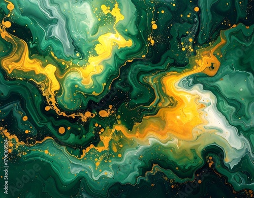 Abstract fluid art with swirling greens, yellows, and whites