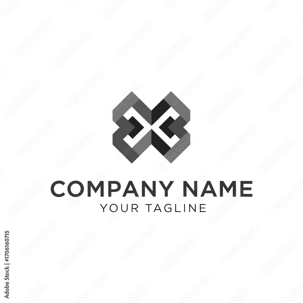 Fototapeta premium Modern abstract geometric logo with interconnected gray and black shapes, accompanied by placeholder company name and tagline.