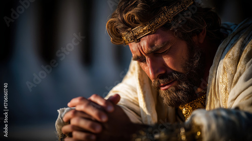 David collapses on his knees in the palace chamber, mourning Absalom’s death, robes torn, face in hands, crown fallen, as sunset casts long shadows, capturing grief and royal despair.
