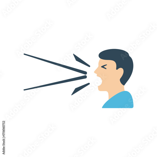 A person passionately speaking, with sound waves emanating, in a minimalistic design