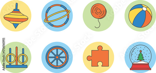 Set of Colorful Toy Icons Spinning Top Hula Hoop Ball Puzzle Snow Globe Design