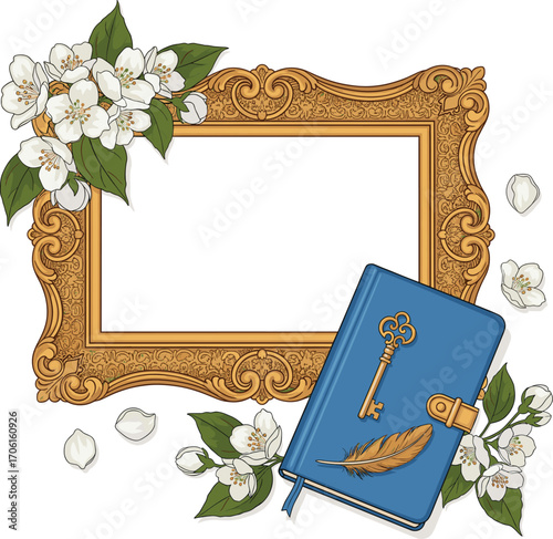 Luxury Gold Picture Frame with White Flowers – Vector Design