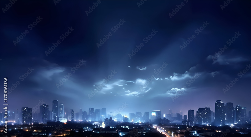 Fototapeta premium City skyline at night with dramatic light rays