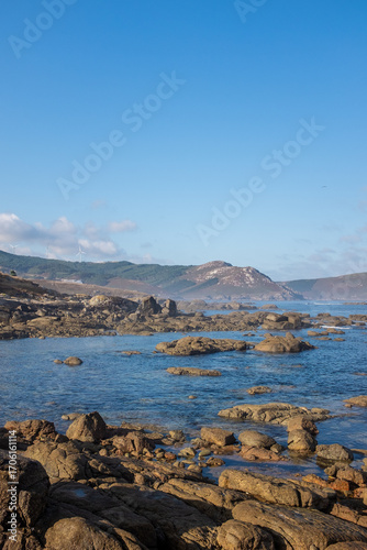 rocky coast in the morning in Muxía, Galicia, Spain