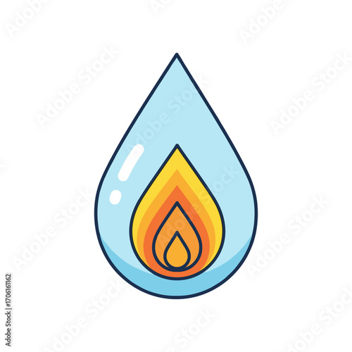 A stylized water droplet with a flame inside, symbolizing the concept of energy and resources