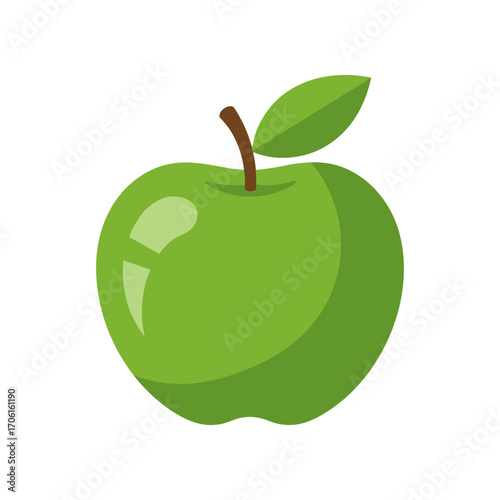 A shiny green apple with a leaf resting on a white background, symbolizing freshness and health