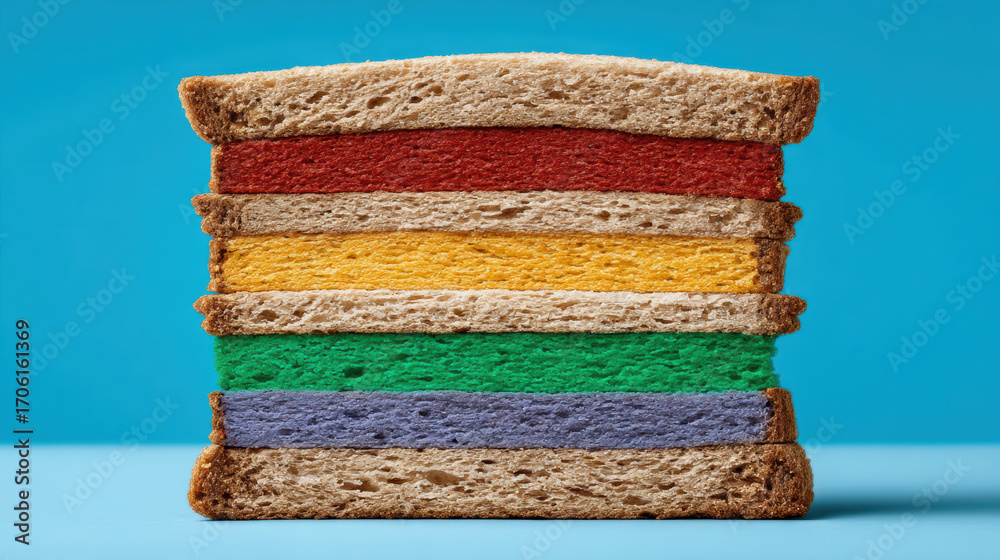 Fototapeta premium Rainbow layered sandwich with multicolor sliced filling and textured whole grain bread creating playful surreal food concept and whimsical vibrant mood