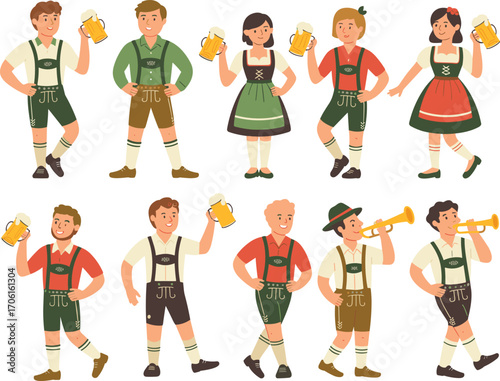 Group of happy men and women in traditional Bavarian outfits holding beer mugs, playing trumpet, celebrating Oktoberfest festival together