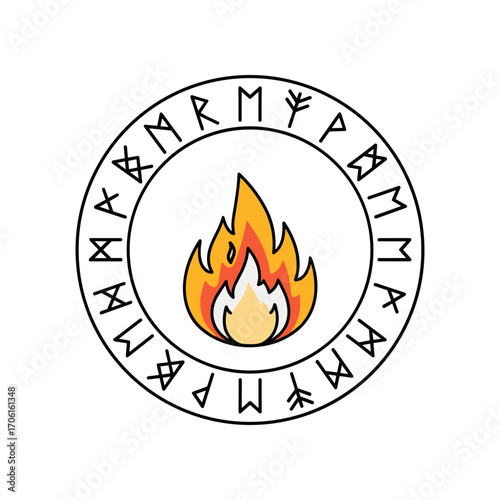 A vibrant flame surrounded by ancient runes in a circular pattern, symbolizing fire's power