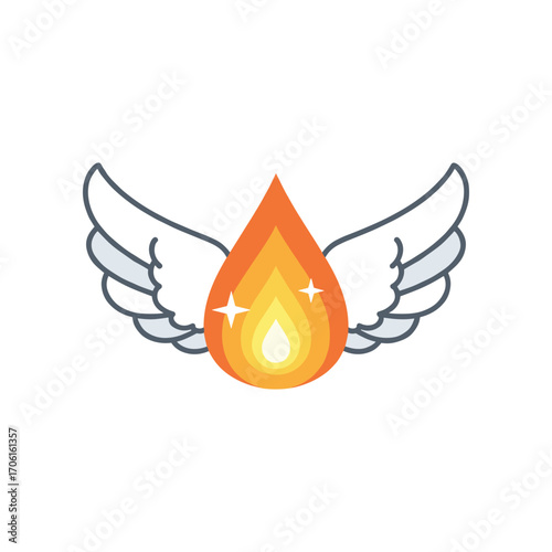 A vibrant flame with angelic wings, symbolizing hope and transformation against a plain backdrop