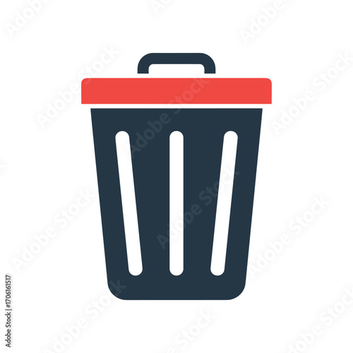 A simple, modern trash bin with a red lid against a plain white background, ideal for minimalistic designs