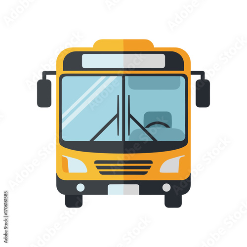 A vibrant yellow city bus parked at a bus stop with a clear sky in the background