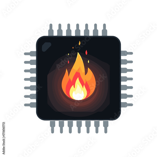 Abstract illustration of a microchip with a flame symbolizing overheating and technology issues