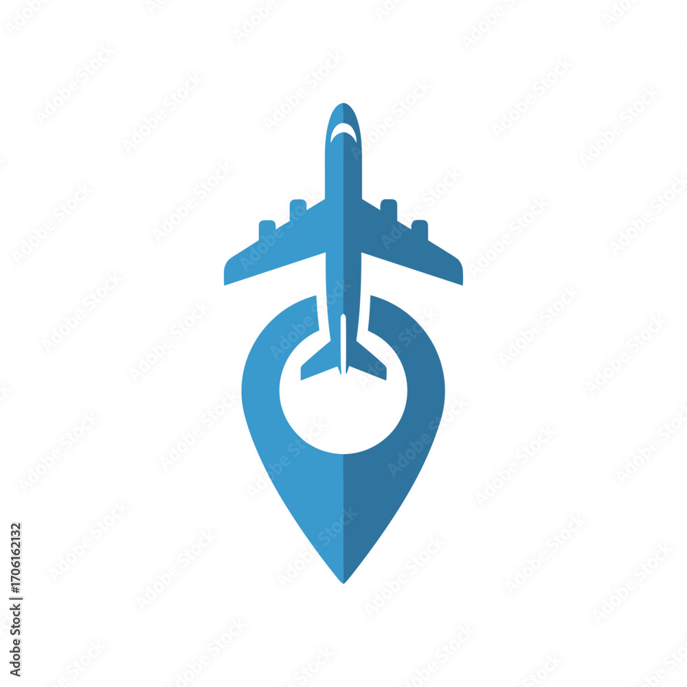 Fototapeta premium A stylized airplane icon positioned above a location pin, symbolizing travel and navigation