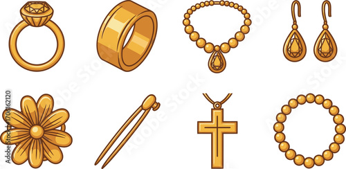 Set of Golden Jewelry Ring, Necklace, Earrings, Hairpin, and Bracelet on White