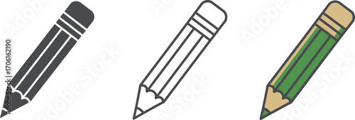 Set of Icon Style Pencils with Erasers in Line Art and Color on Transparent Background