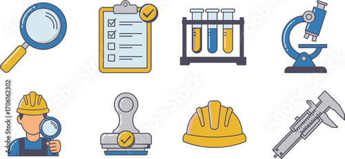 Set of Isolated Icons Magnifying Glass, Test Tubes, Clipboard, Hard Hat, Microscope
