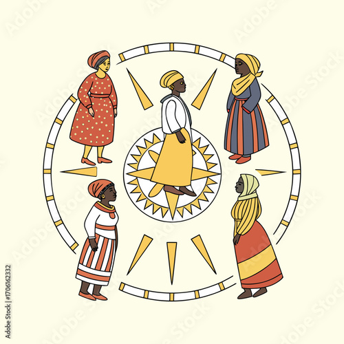 A vector illustration of Black women's sisterhood and unity. A group of empowered African women in traditional headwraps standing together in a circle