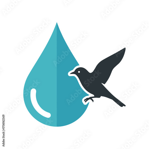 A stylized illustration of a bird approaching a water droplet, symbolizing nature and conservation