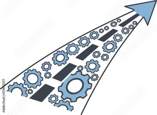 Dynamic gears propel forward on a progress road, symbolizing innovation, efficiency, and future success in business strategy.