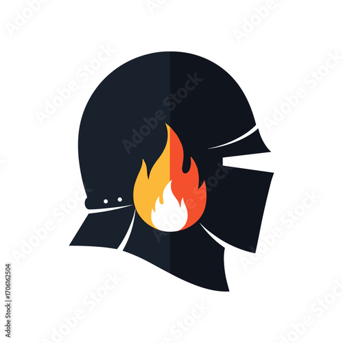 A stylized knight's helmet with a flame design, symbolizing bravery and battle readiness
