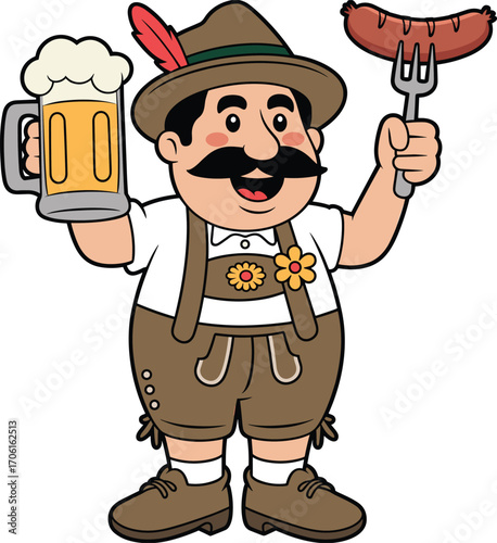 Happy Bavarian man holding beer mug and sausage on fork, traditional Oktoberfest outfit, celebration, festival, party, food, drink, German culture, cheerful, fun, festive, mustache, costume